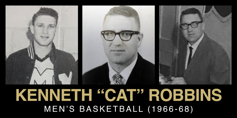 Collage featuring three photographs of Kenneth "Cat" Robbins, a former men’s basketball coach from 1966 to 1968.