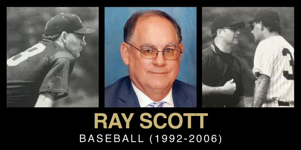 Tribute to Ray Scott, featuring images of him as a coach, a portrait, and a discussion with an umpire, highlighting his contributions to baseball from 1992 to 2006.
