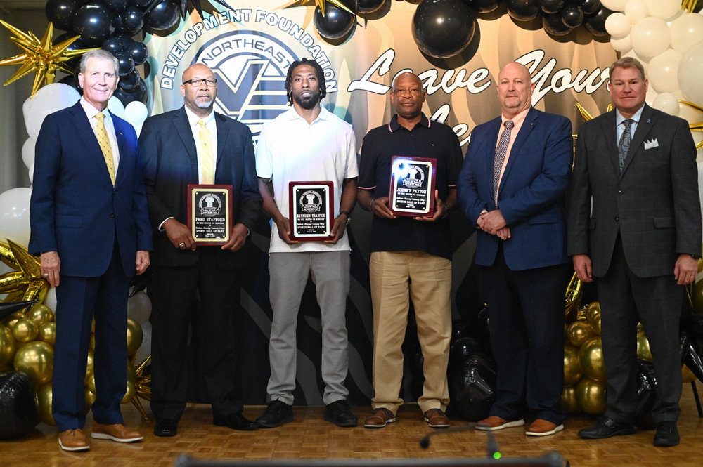 Photo of NEMCC Sports Hall of Fame Class of 2023 Johnny Payton, Fred Stafford, and Brynden Trawick with AD Kent Farris and President Dr. Ricky Ford