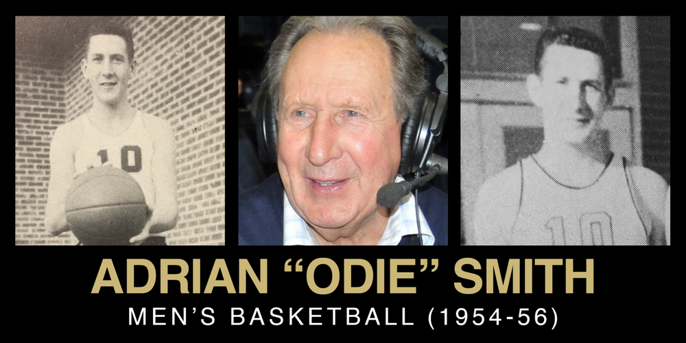 Collage honoring Adrian “Odie” Smith, showcasing his basketball journey with two vintage player photos and a modern image of him as a commentator.