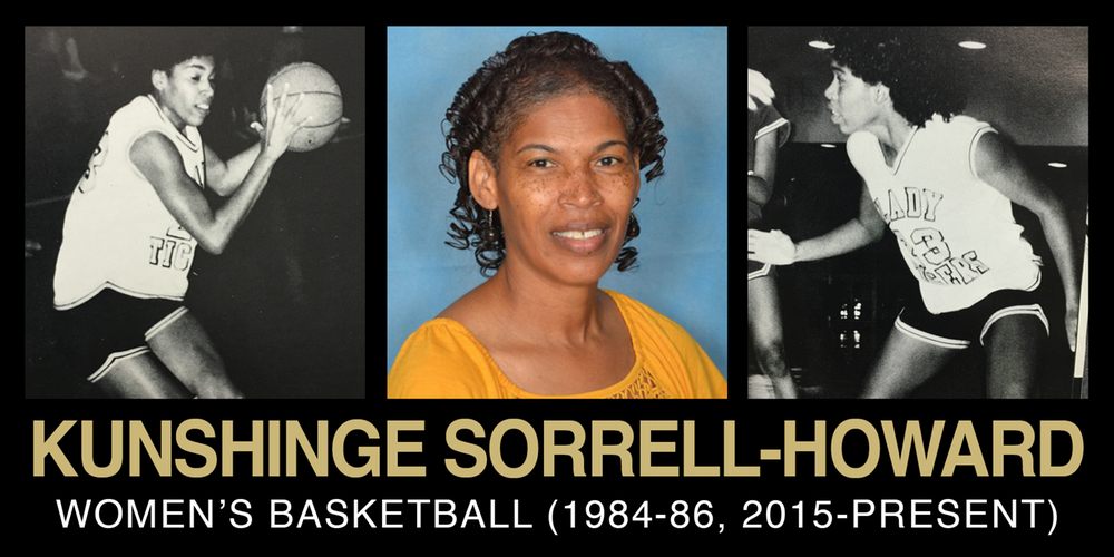 Collage featuring Kunshinge Sorrell-Howard, a notable figure in women's basketball, showcasing her playing days and current role.