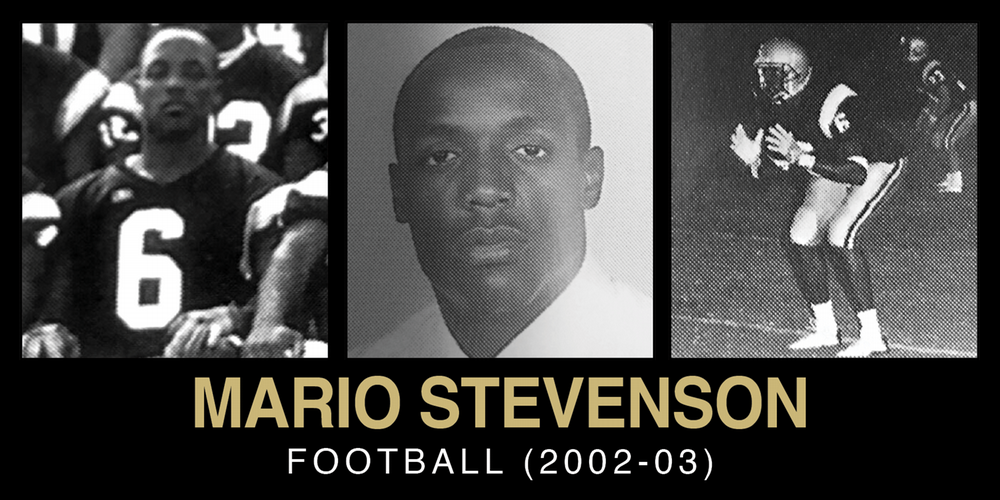 Collage of Mario Stevenson featuring three images: a football player in uniform, a headshot, and another action shot on the field.