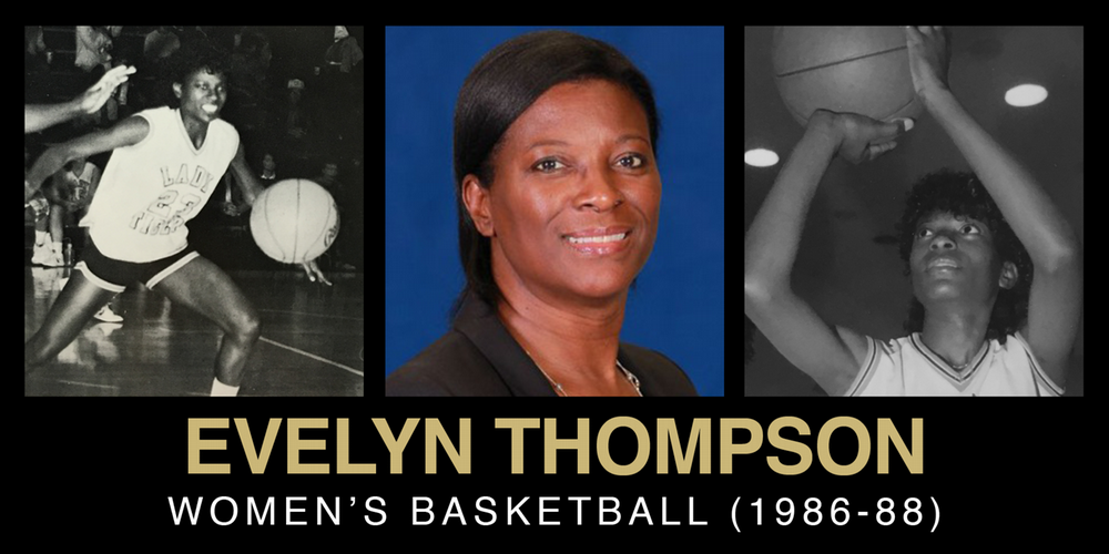 Collage of Evelyn Thompson showcasing her basketball career from 1986 to 1988, including action shots and a current portrait.