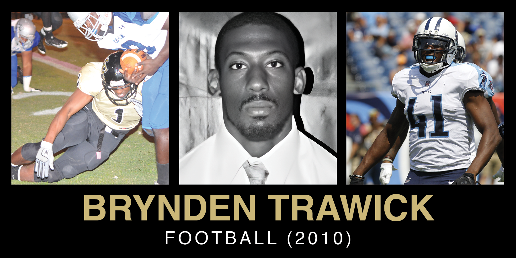 photos of hall of fame inductee Brynden Trawick during his time at NEMCC and with the Tennessee Titans