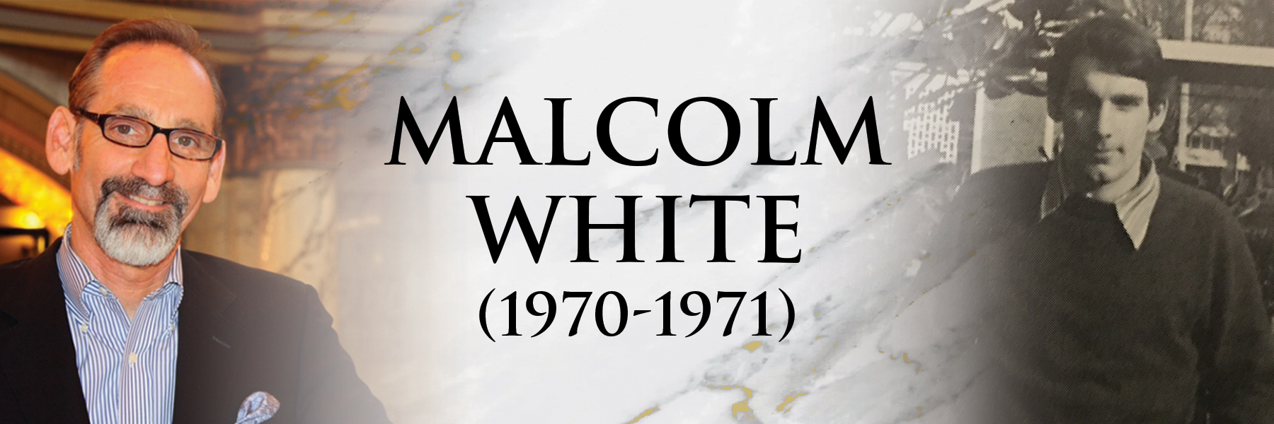header banner for malcom white featuring a photo from his time at nemcc and dates he attended