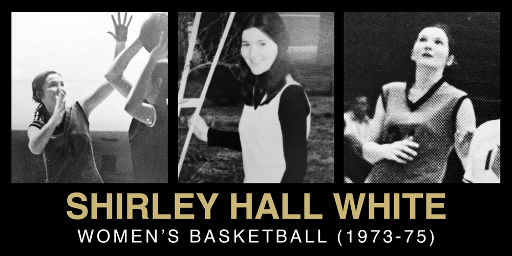 Three black and white images of Shirley Hall White showcasing her playing women's basketball from 1973 to 1975.
