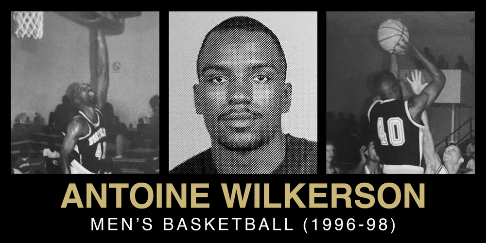 Collage featuring Antoine Wilkerson, a men's basketball player, showcasing his action shots and portrait from his playing years (1996-1998).