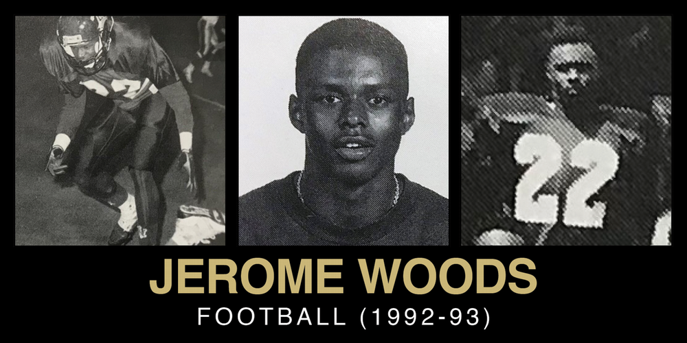 Collage featuring three images of Jerome Woods, showcasing his football career during 1992-93.