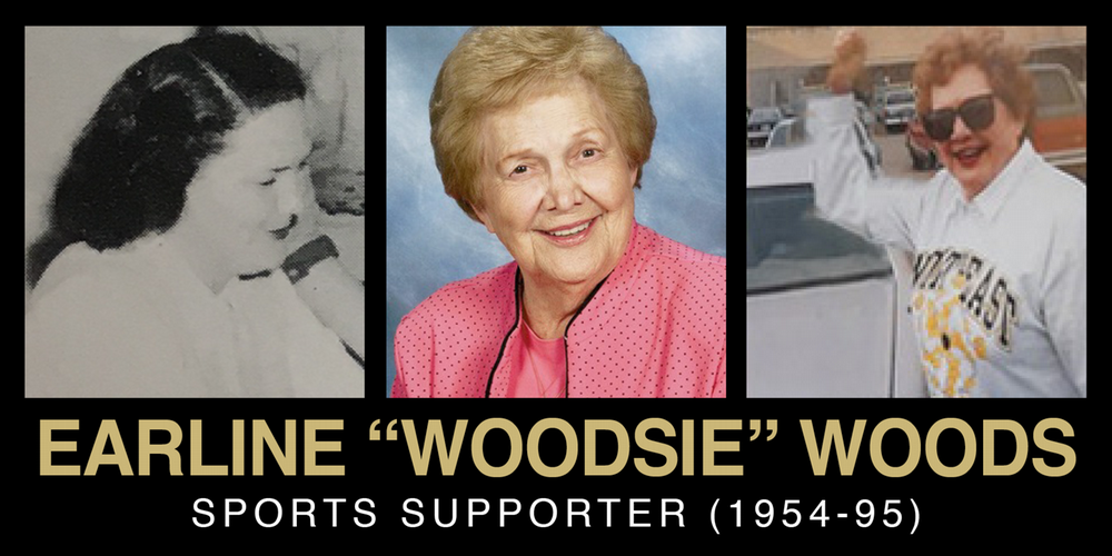 Collage featuring three photos of Earline "Woodsie" Woods, a dedicated sports supporter from 1954 to 1995.