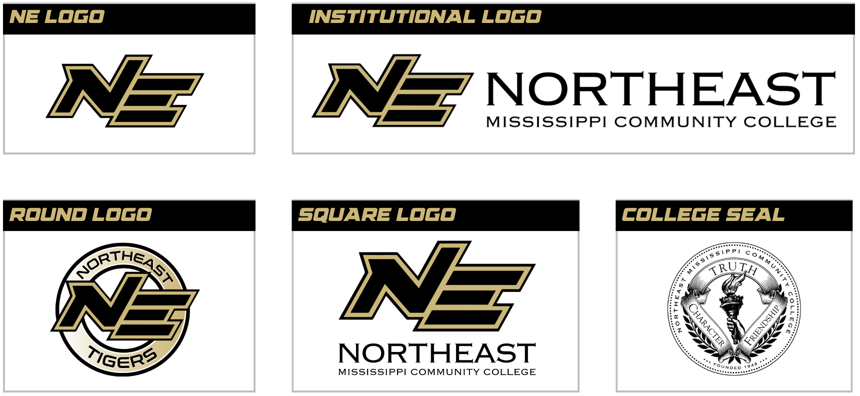 Graphic showcasing the logos and seal of Northeast Mississippi Community College, including the institutional logo, round logo, square logo, and college seal.