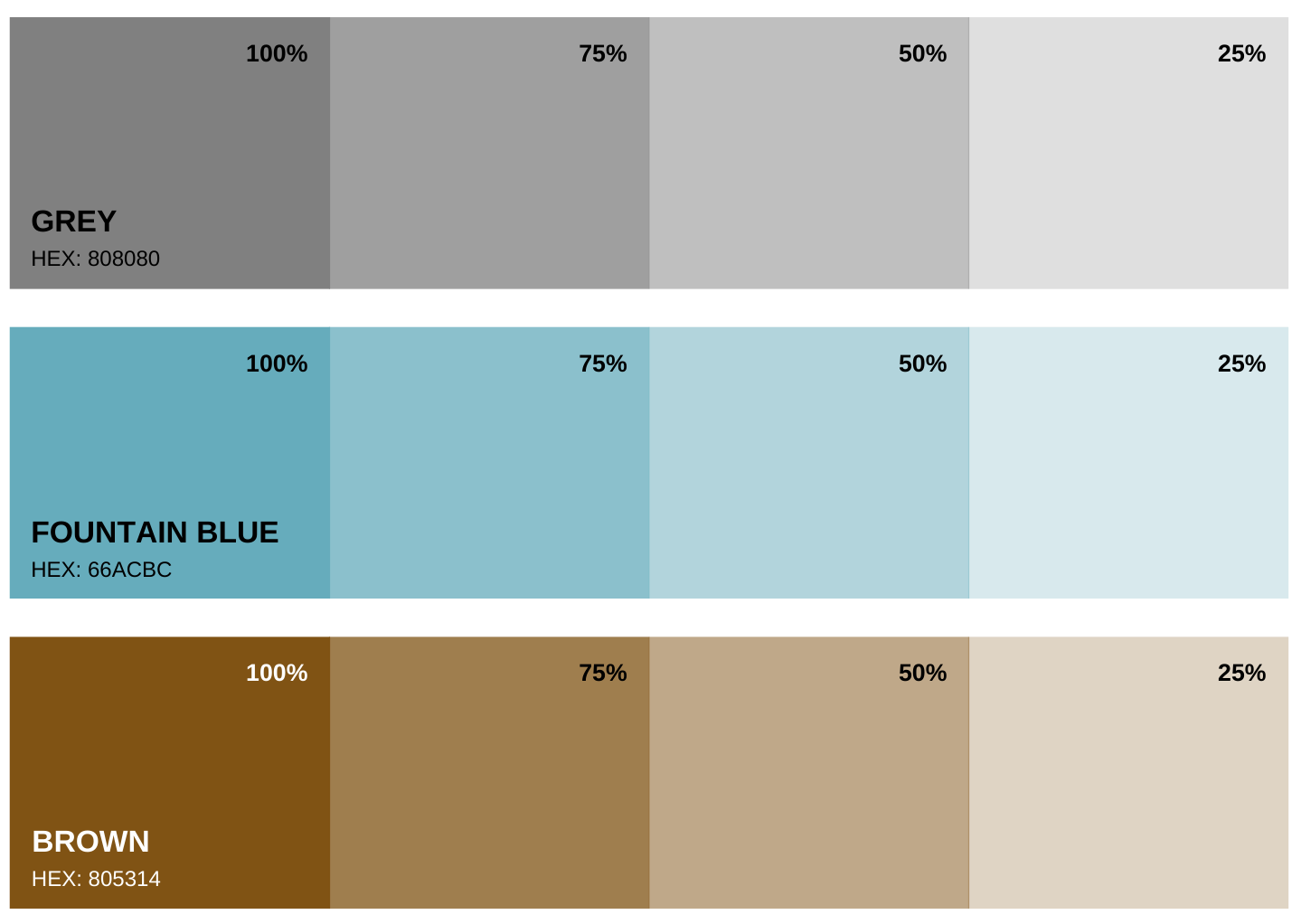 Color palette showcasing three shades: Grey, Fountain Blue, and Brown, with corresponding hex codes and percentage fills.