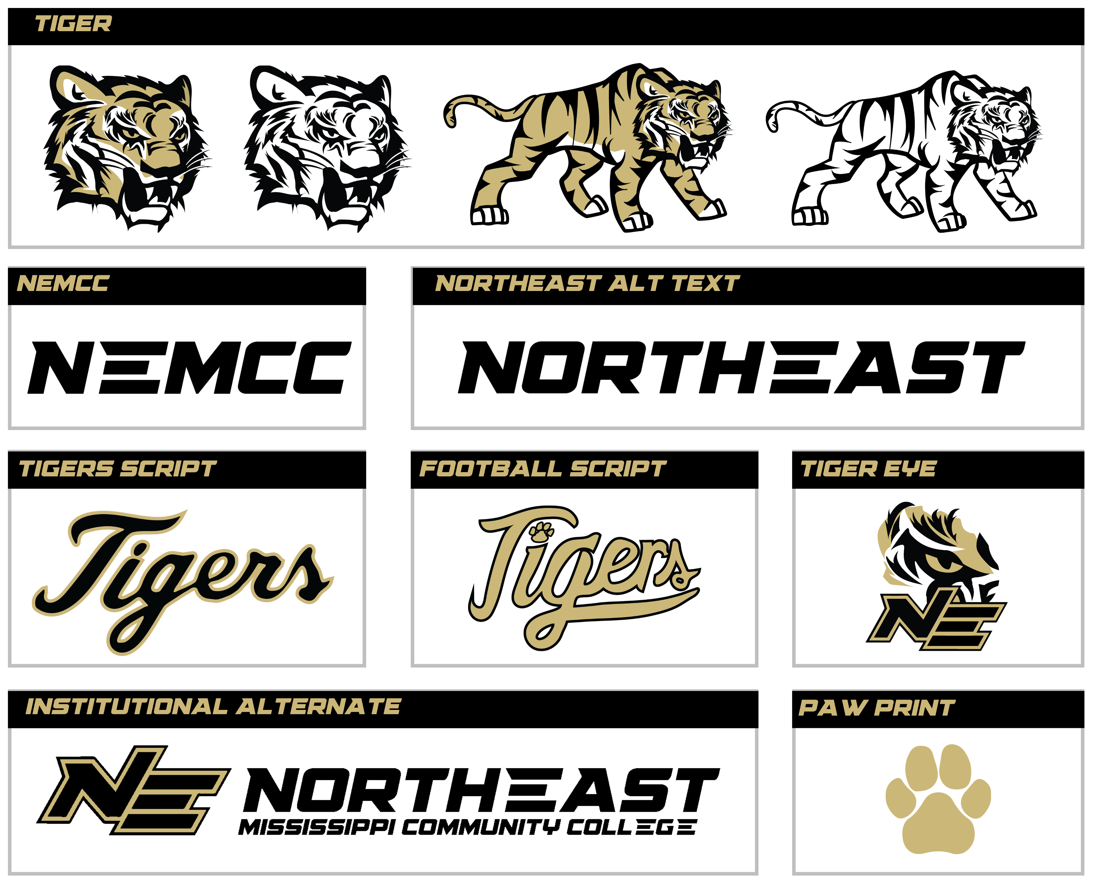 Various tiger logos and text styles representing a sports team, including the team name "Tigers," a paw print, and alternate logos.