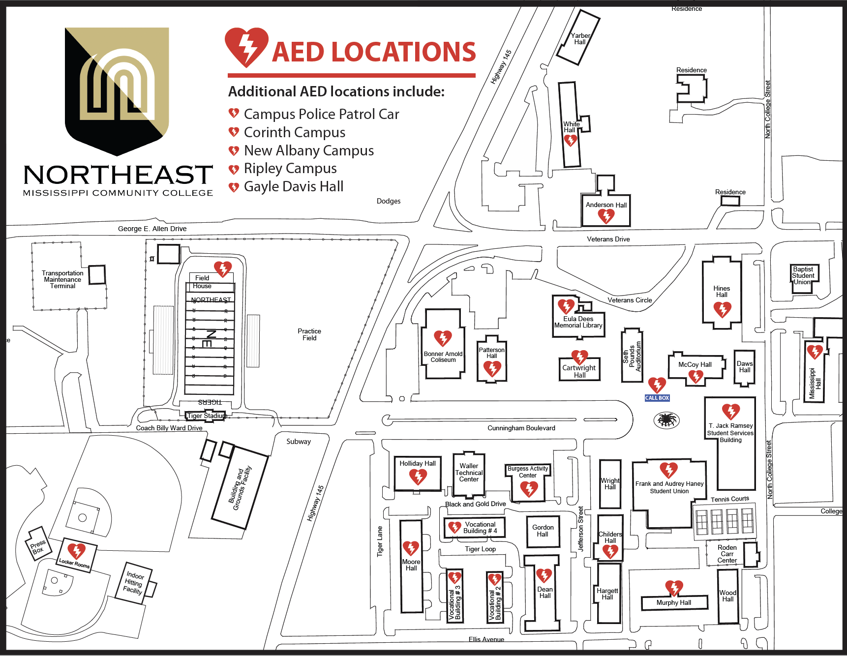 Campus map display AED locations. Exact locations are provided in the text.