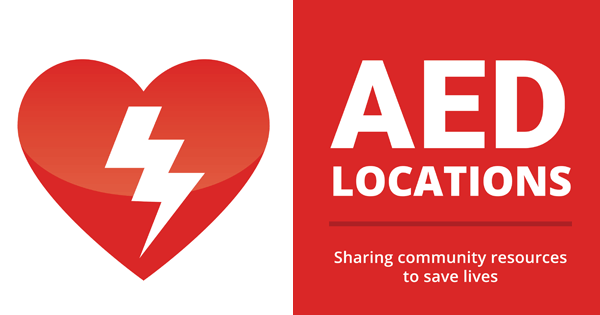 Button with text: AED Locations, Sharing community resources to save lives 