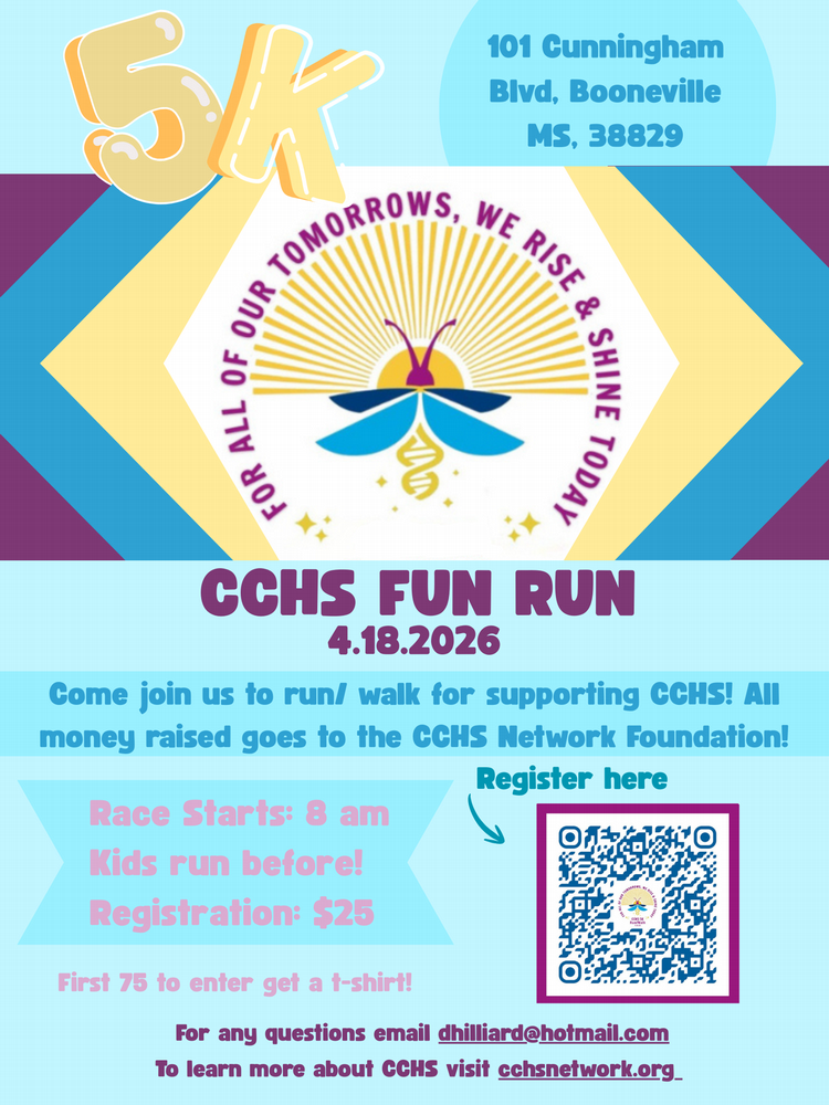 Graphic detailing time and location for fun run. QR code is included in graphic