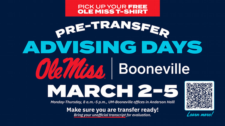 Graphic detailing time and location for pre transfer day to University of MS. Graphic includes a QR code