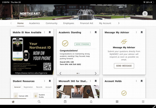 MyNEMCC Dashboard displaying card sections such as Academic Standing, Message My Advisor, Student Resources, Microsoft 365 and Account Holds