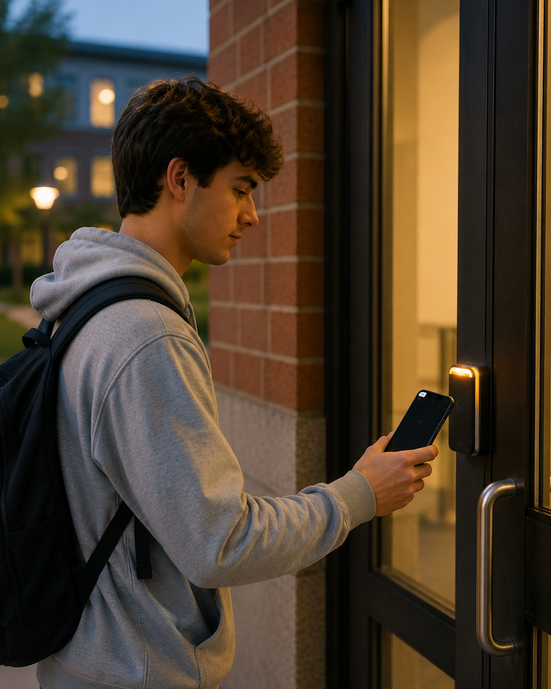 Student using a mobile device at a campus door access reader.